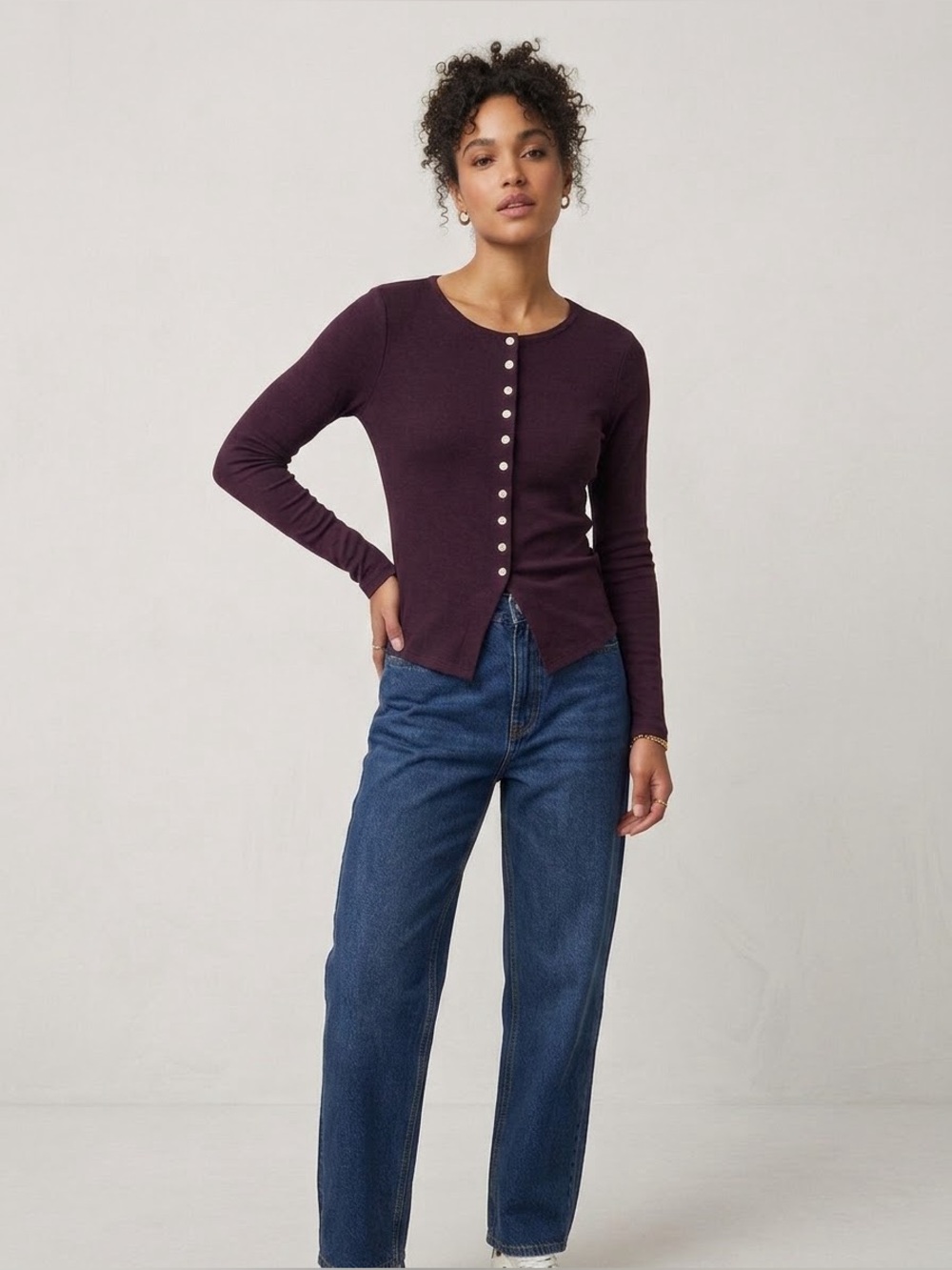 Everlane Plum Purple Boat Neck Long Sleeve Button Front Sweater Wool Small
